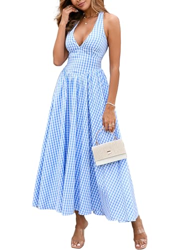Image of Parthea Women's Gingham Halter V Neck Midi Dress Corset Smocked Sundress Flowy A Line Wedding Guest Dresses
