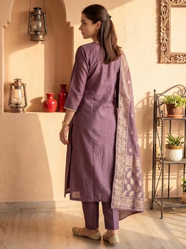 Image of INDO ERA Women's Viscose Self Design Straight Kurta with Pant & Dupatta Set