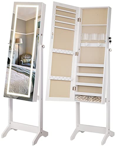 LUXFURNI LED Light Jewelry Cabinet Standing Full Screen Mirror Makeup Lockable Armoire, Large Cosmetic Storage Organizer w/ Brush Holder (White)