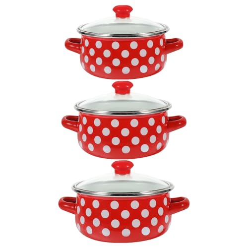 Garneck Juego de Ollas Esmaltadas Vintage 3 Piezas Mini Olla de Sopa con Doble Asa Batería de Cocina Portátil Tamaño 12-14-16 CM Color Rojo con Puntos Blancos Adecuado para Cocinar