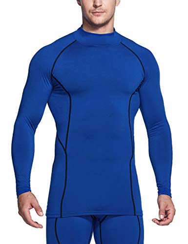 Tsla Men's Thermal Long Sleeve Compression Shirts, Mock/Turtleneck Winter Sports Running Base Layer Top, Heatlock Mock Neck Blue, Large #TOP8