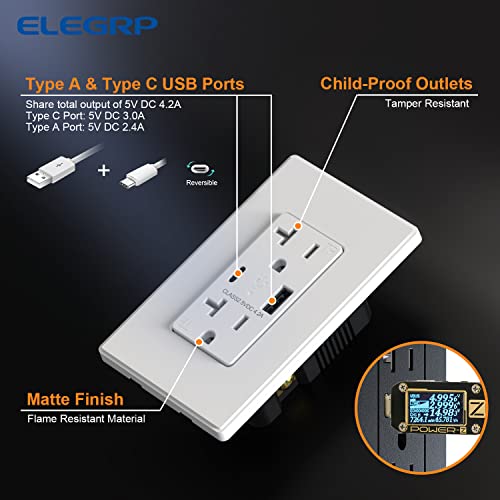 Elegrp Usb Charger Wall Outlet With Type A & Type C Usb Ports, 20 Amp Duplex Tamper Resistant Receptacle Plug, Wall Plate Included, Ul Listed (10 Pack, Matte White) #TOP2