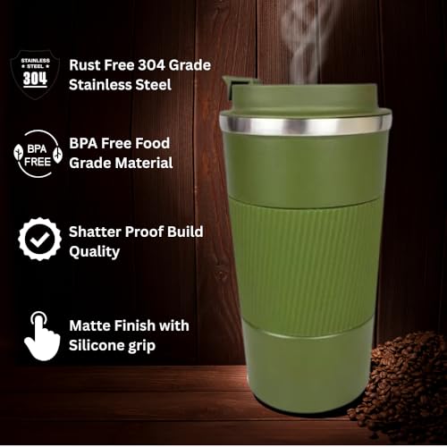 Image of Natkam Travel Coffee Mug | Insulated Tumbler with Spill Proof Lid for Hot and Cold Drinks | Ideal for Office, Car, Travel, Gym. (Green)