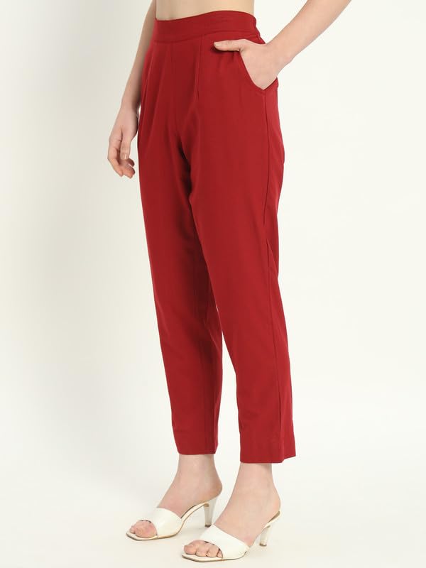 Image of Women's Solid Straight Fit 100% Cotton Trousers | High Waist, Side Pockets, Ankle Length Pants for Office, Casual