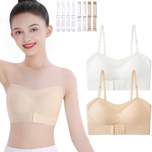Teen Girls Strapless Bandeau Bra 2 Pack Seamless Underwear Dance Ballet Bralettes for 10-18 Years