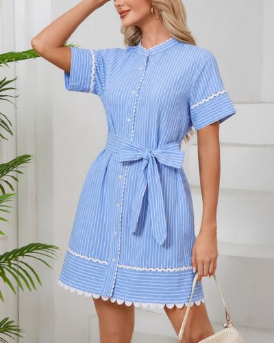 Image of Women's Summer Shirt Dress Short Sleeve Button Down Mini Tie Waist Belted Tunic with Pockets RIC Rac Trim