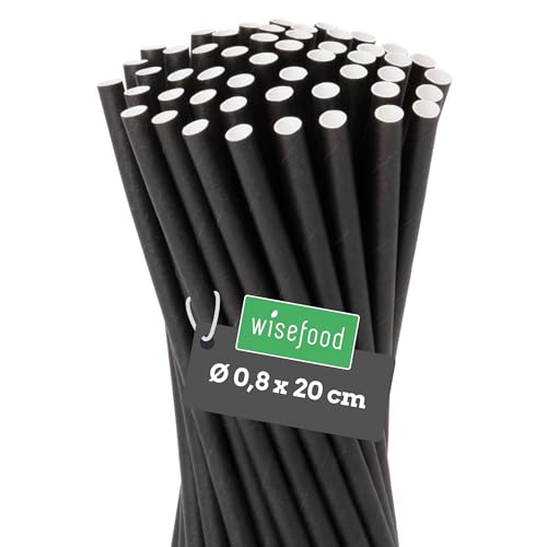 Wisefood® Strohhalme Papier [20 cm Ø 8] Party Deko [Schwarz] alternative Strohhalme Plastik-frei für Geburtstag Hochzeit DIY [100 Stk.] für Cocktail Getränke Cola Energy Drink Wasser Limo BIO