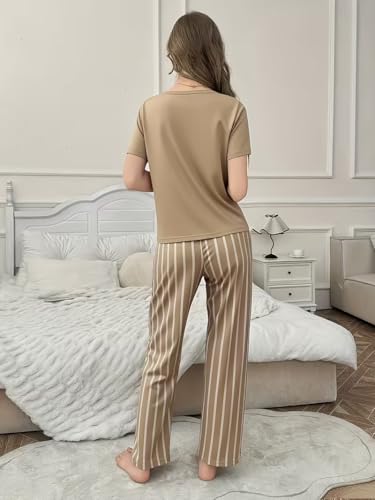 Image of Women's 2-Piece Pajama Set - Short Sleeve Top & Pants Lounge Set, Soft Breathable Sleepwear Night Suit for Women