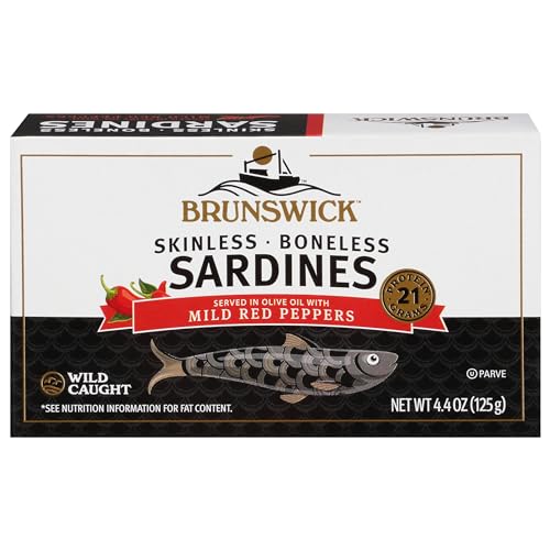 Brunswick Wild Caught Skinless and Boneless Sardines, Served in Olive Oil with Mild Red Peppers, 4.4 Oz