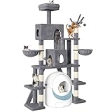 Homiflex Tall Cat Tree for Indoor Cats, 74" Multi-Level Cat Tower with Cat Condos, Plush Perches & Self-Cleaning Litter Box Base, Modern Cat Tree with Scratching Posts & Hammocks, Grey