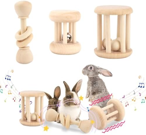 3 Pcs Wooden Bunny Toys with Bell,Safe Juguetes para Dientes,Juguetes para Conejos Enanos para Interior y Exterior,Conejos Accesorios para Mascotas