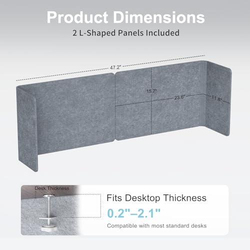Image of Desk Privacy Panel,2PCS L-Shaped Clamp-On Office Desk Divider,2-in-1 Adjustable Acoustic Desktop Partition Or Under Desk Modesty Panel,for Office,Home,Felt (Grey, 47.2 inch x 15.7 inch)