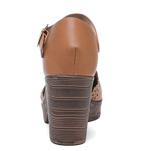 Altxic Women's Closed Round Toe Hollow Out Vamp Ankle Strap Buckle Low Block Chunky Heels Sandals4