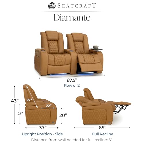 Image of Seatcraft Diamante Tan Oak Italian Leather Home Theater Seating, Zero Gravity Power Recliner Gaming and Home Office Chair, Powered Headrest Lounge Sofa Furniture for Cinema Room, Row of 2