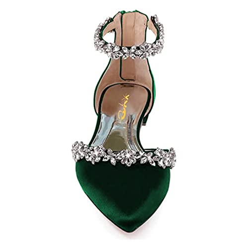 Image of XYD Women Classic Pointed Toe D'Orsay Wedding Flat Sandals Sparkly Rhinestones Ankle Strap Low Heel Dress Shoes with Zipper