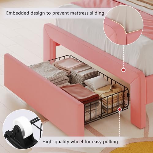Image of Feonase Twin Upholstered Bed Frame with Storage Drawers and Headboard, Built-in Charging Station, Velvet Platform LED Bed with Solid Wood Slat Support, No Box Spring Needed, for Girls and Kids, Pink