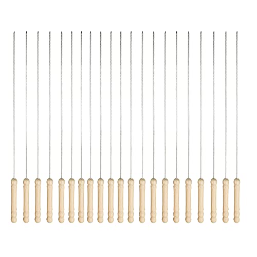 TINMIX Skewers for Kabob with Anti-Scald Wood Handles - 20PCS 14 Inches Reusable Stainless Steel Round Barbecue Grilling Skewers, Diameter 1.8mm Gourd Shape Handle