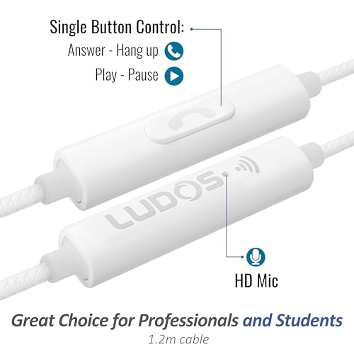 Image of LUDOS Clamor Wired Earbuds in Ear Headphones with Microphone, Earphones with Mic and Volume Control, Memory Foam, Reinforced Cable, Bass Compatible with iPhone, Apple, iPad, Computer, Laptop, PC