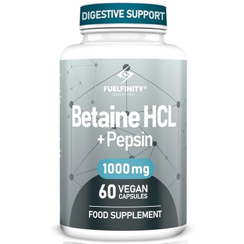 Betaine HCl Pepsin - 1000 mg - 60 Capsules - High Strength for Sensitive Digestion - Clean Betaine Hydrochloride to Support Protein Breakdown - FuelFinity Superlative Quality
