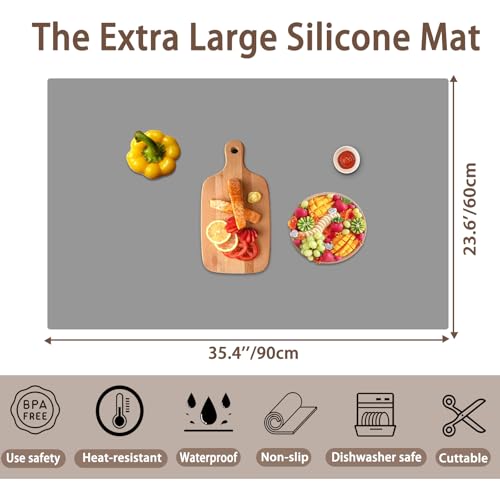 Image of 35.4''x23.6''(90cmx60cm) Extra Large Silicone Mat for Kitchen Counter, 1.4MM Thick Non-Slip Heat Resistant Countertop Protector, Waterproof Kitchen Mat for Countertops, Islands (Semitransparent)