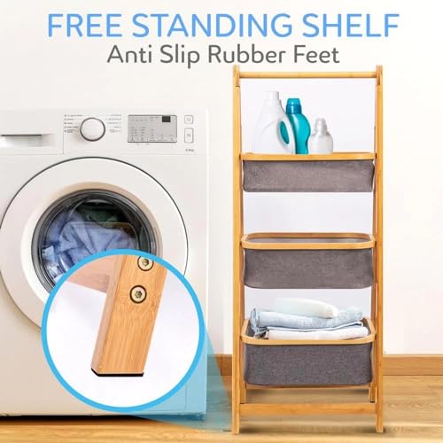 Image of Lukzer 3 Layer Foldable Bamboo Storage Rack with Fabric Baskets - Multipurpose Eco-Friendly Space-Saving Ladder Shelf Organizer for Laundry, Bathroom, Bedroom, Living Room & Closet (Grey) CH-151