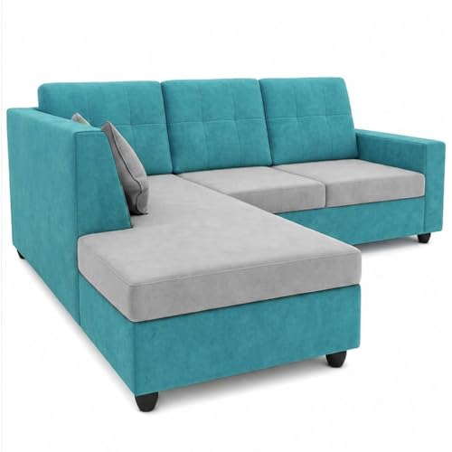 Image of FURNY Nathan 4 Seater L Shape Sofa Set LHS (Sky Blue-Light Grey) | Suede Velvet Finish | Durable Comfort Sofa for Modern Living Room & Office Spaces