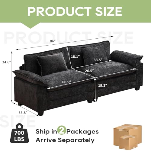 Image of Oprisen 86 inch Modular Sectional Sofa, Comfy Cloud Couch Sectional Sofa with Ottoman, Chenille Sofa Sleeper Deep Seat Sofa with Throw Pillows for Living Room (Black, 86 inch- Loveseat)