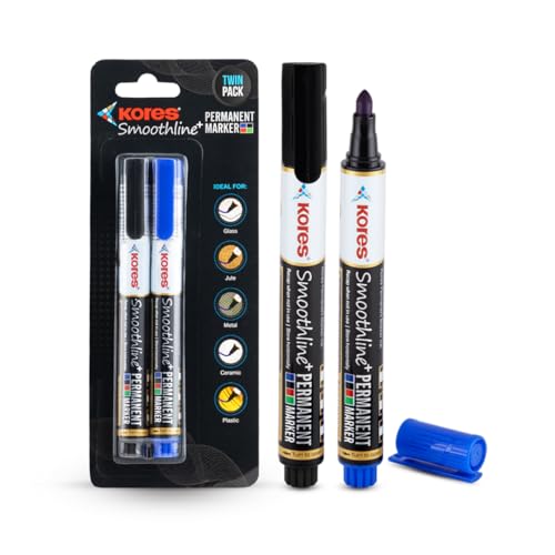 Image of Kores Smoothline+ Permanent Marker Pen, Black & Blue | Pack of 2 | Bold, Fade-Resistant & Quick-Dry Ink | Long-Lasting, Non-Toxic, Smooth Writing for Office, School & Home