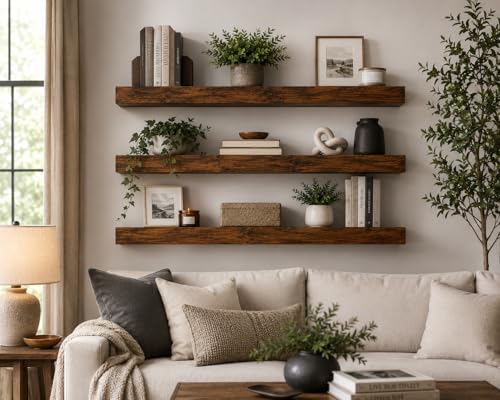Image of Genuine Decor Solid Sheesham Wood Floating Shelves for Wall, Set of 3 (27 Inch) - Rustic Wall Mounted Ledge Shelf with Gloss Finish for Living Room, Bedroom, Bathroom & Kitchen Decor