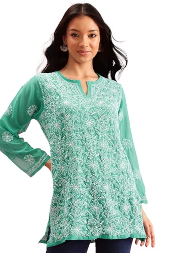 Image of Ada Women's Georgette Regular Fit Chikankari Hand Embroidered Lucknow Short Kurti Top A911224