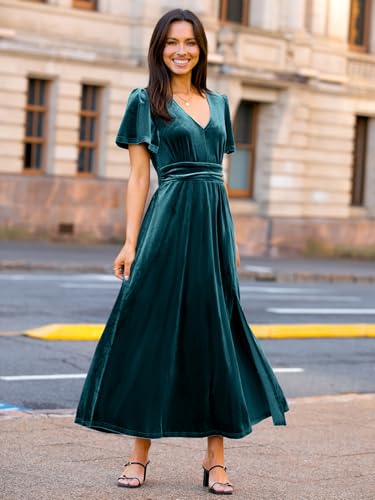 Image of Simplee Women's Velvet Maxi Dress V Neck Short Sleeve Empire Waist Semi Formal Long Cocktail Dresses