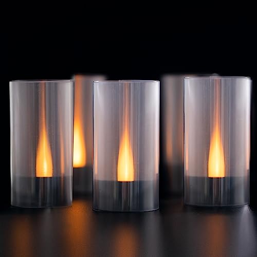 Image of Lanker Flameless Candles, Battery Operated LED Pillar D1.5 x H3 inch, Flickering Warm Yellow Long Flame-Effect Light with Black Base, Romantic Electronic Fake Set of 12 (Black)