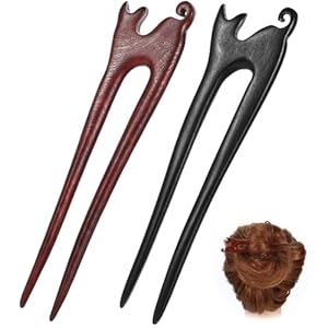 2Pcs U Shape Wooden Hair Sticks Handmade Carved Wood French Hair Forks with Cute Cat Design 2-Prong Vintage Wood Hair Pins for Women Girls Chignon Bun Updo Hairstyle Accessories