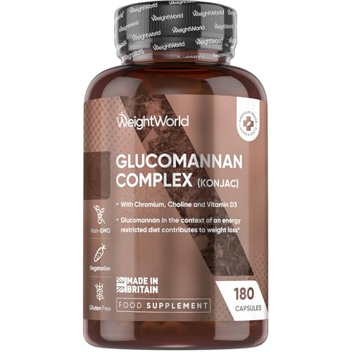 Glucomannan Capsules from Konjac Root - 180 Glucomannan Powder Capsules - With Choline Chromium Vitamin D3 & Vitamin B3 - Non-GMO Gluten-Free & Vegetarian-Friendly - 1 Month Supply - Made in the UK