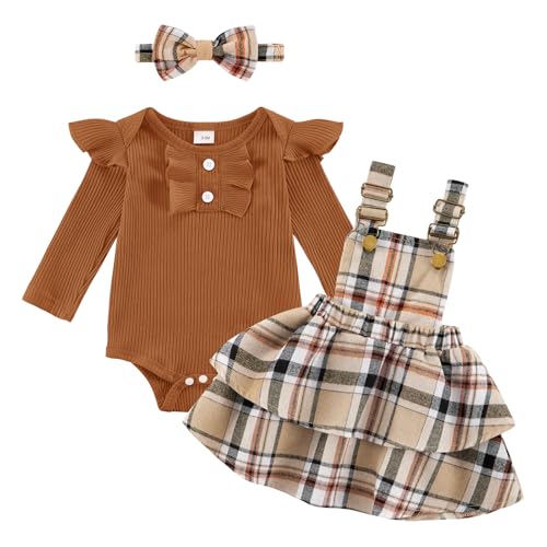 ESHOO Baby Girl Clothes Ruffle Long Sleeve Romper Plaid Suspender Skirt with Headband Newborn 3 Piece Outfit 0-24 Months