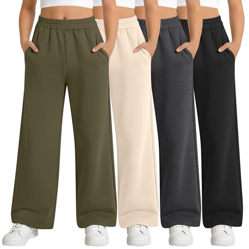 LessonZoo 4 Pack Girls Sweatpants Lightweight Wide Leg Straight Pants Teen Girls Baggy Athletic Joggers with Pockets 5-14Y(Black, Dark Gray, Apricot, Army Green,13-14 Years) by LessonZoo - Used condition - US$19.30