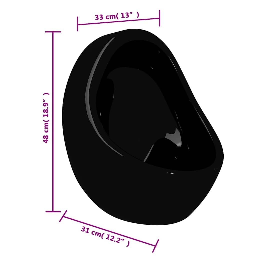 Urinario de pared de cerámica negra con válvula de descarga y desagüe, 33 x 31 x 48 cm para baño, aseo de invitados y comercio, fácil montaje en pared, higiénico, duradero