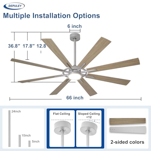 Image of Depuley 66-Inch Ceiling Fan with Light: Modern 8-Blade Silver and Wood Grain Indoor Outdoor Fans with Remote App Control Dimmable Light - Ultra Quiet DC Motor Reversible 6 Speed Timer