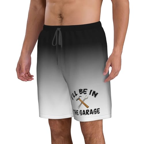 I'll Be in The Garage Men's Swim Trunks Quick Dry Beach Board Shorts Swimwear Bathing Suits for Holiday Party,2