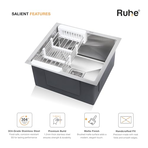Image of Ruhe Handmade Single Bowl Kitchen Sink - 21x18x10 inches | 304-Grade Stainless Steel Sink Matte Finish | Kitchen Sink Including Coupling, Waste Pipe & Vegetable Washing Basket | 25 Year Warranty