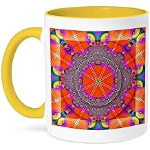 3dRose MANDALA meditation harmony InnerPeace red purple yellow blue gold zen joy chakra energy glowing 15oz Two-Tone Yellow Mug