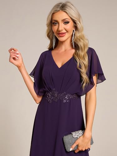 Image of Ever-Pretty Women's Formal Dress A Line V Neck Applique Waist Tea Length Wedding Guest Dress 02027