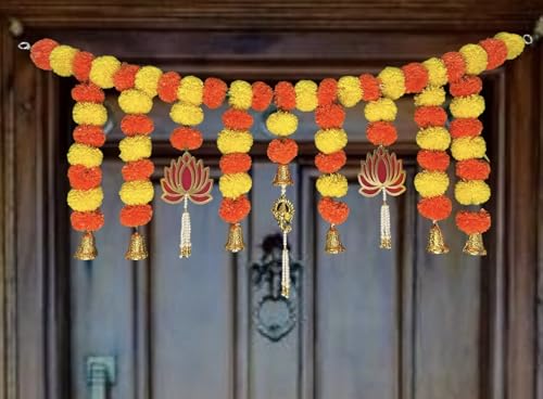 Image of iHandikart Handmade Lotus Marigold Bandanwar with Golden Bells Traditional Door Bandanwar for Makar Sankranti, Lohri, Festive Home Decor & Housewarming Decoration (40 Inch)