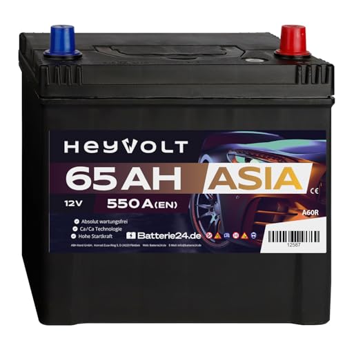 HeyVolt Autobatterie 12V 65Ah ASIA 550A Hochleistungs-Blei-Säure-Batterie, Langlebig, Kompatibel mit PKW, Pluspol Rechts
