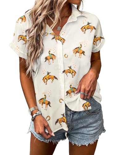 Western Button Up Shirts Women Retro Cowgirl Shirt Rodeo Tops Hawaiian Summer Vacation Short Sleeve Top Blouses