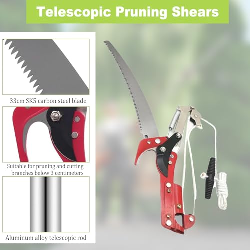 Astschere Teleskop, 82-410cm Manueller Astschneider mit Teleskopstiel, Einstellbare Länge Seilzug Gartensäge Baumsäge, Leichter Edelstahl Teleskopsäge Hochentaster für Sägen und Scheren