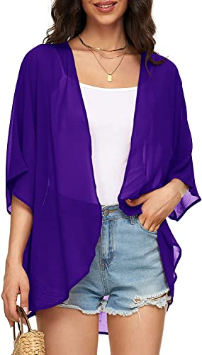 Image of Indian Trendy Women's Solid Puff Sleeve Kimono Cardigan Loose Cover Up Casual Blouse Top Chiffon