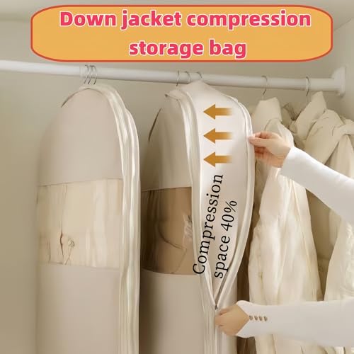 Space Saving Hanging Garment Bag with Self Compression Zipper,Space Saver Closet Organizers，Prevents creases in Clothing, dust Cover Travel Bag with Duvet Hanger(Beige (3PCS))4
