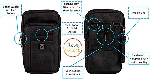 Image of Men's Nylon Traveler Sling or Mobile Pouch, Attach to The Waist Belt with 3 Zips and 3 Internal Pockets, Mini Carabiner