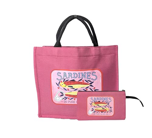 Sardines Tin Novelty Canvas Tote Bag Set: 2 Reusable Pink Travel Bags & Matching Zip Pouch with Unique Fish & Olive Oil Design